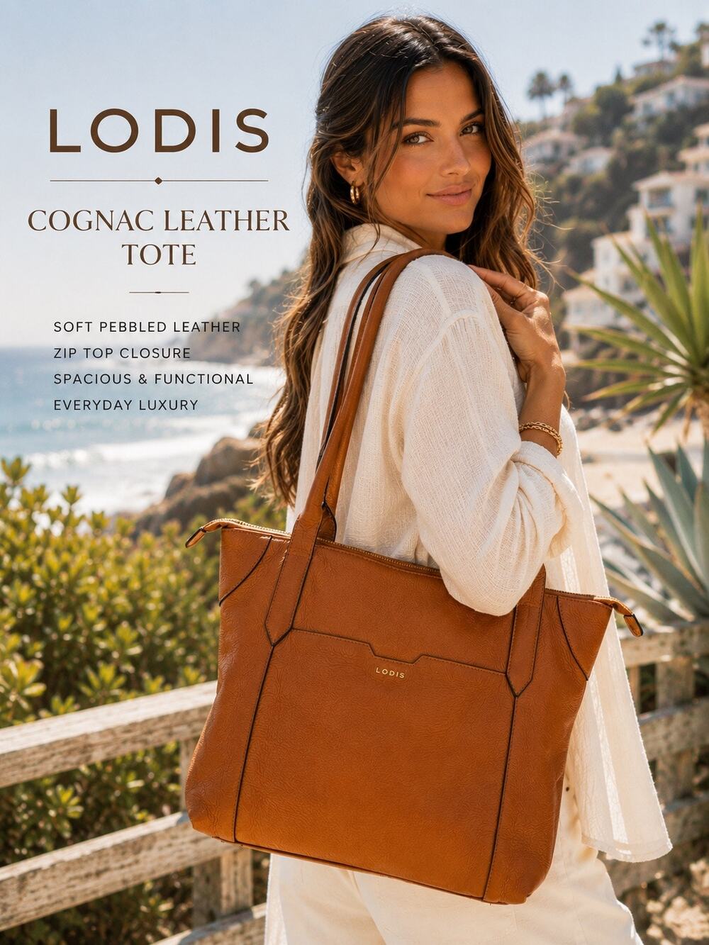 Lodis Soft Pebbled Leather Tote Cognac Brown Zip Shoulder Work Bag Y2K
